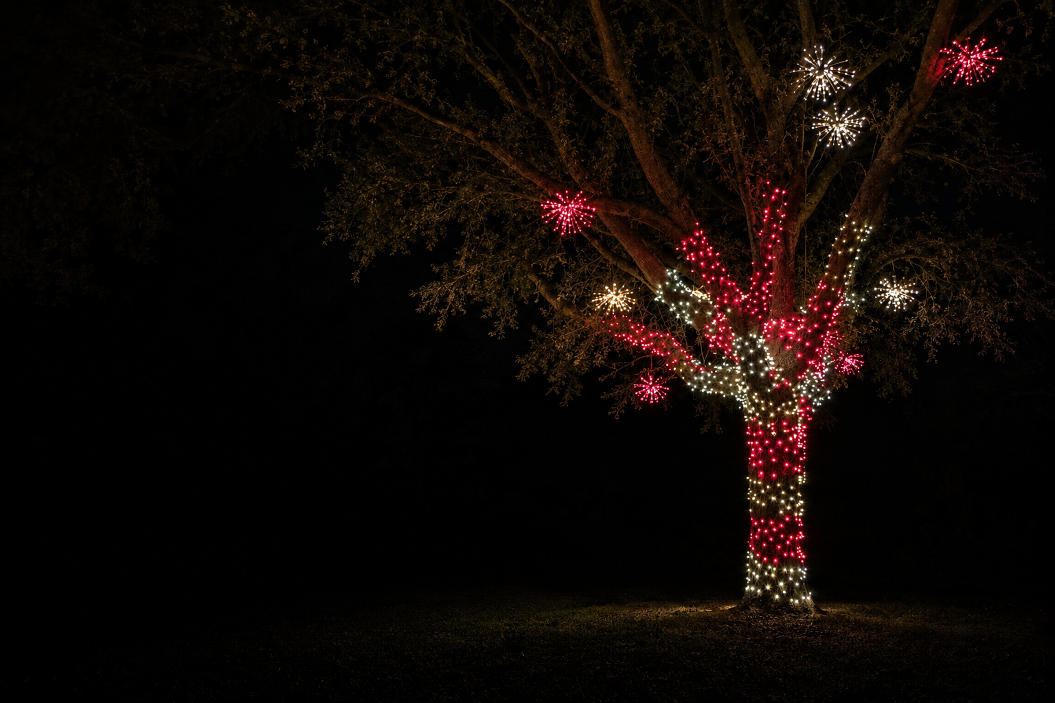 Large oak tree wrapped in whimsical red and white candy-cane holiday lights